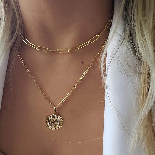 Personalized Gold Plated Dainty Layering Paperclip Chain Necklace Custom Initial Necklace