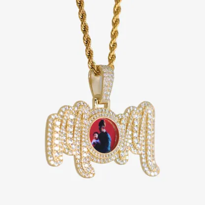 Mom Photo Necklace Iced Out Zircon Pendant Personalized Custom Photo Necklace 