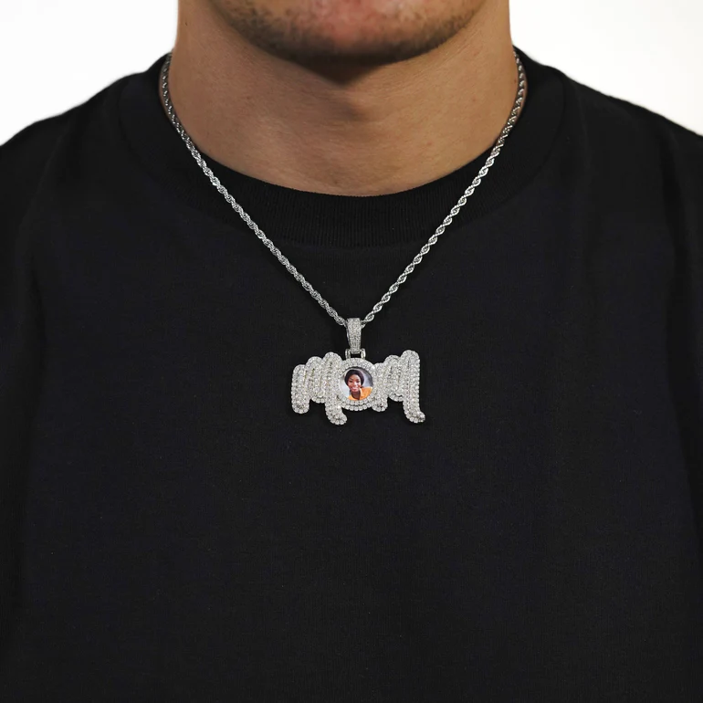 Mom Photo Necklace Iced Out Zircon Pendant Personalized Custom Photo Necklace 