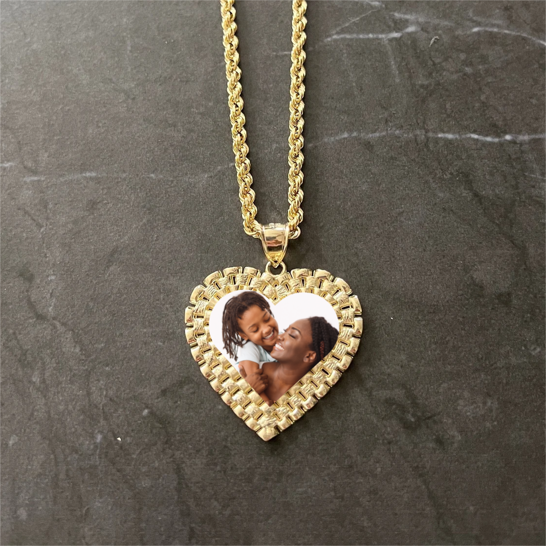 Rolex Style Heart Charm Pendant Custom Photo Necklace Memorial Neckalce