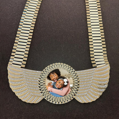 36mm Rolex Style Chain Wings Pendant with Picture Inside Personalizd Photo Necklace