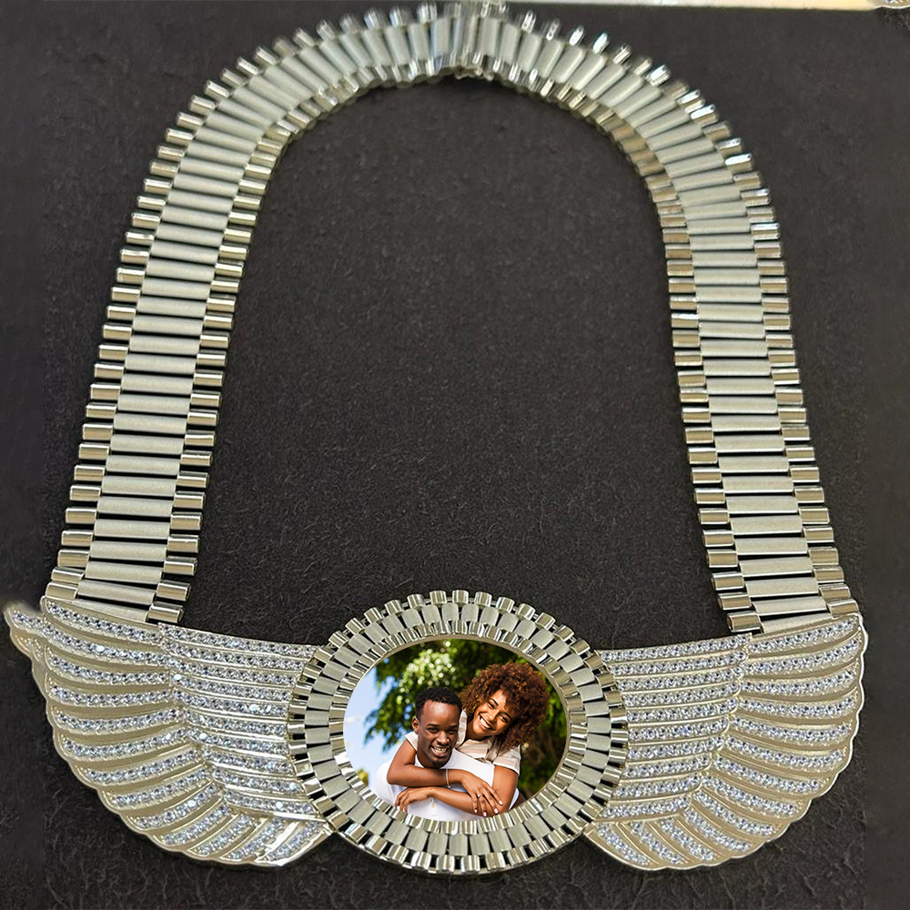 36mm Rolex Style Chain Wings Pendant with Picture Inside Personalizd Photo Necklace