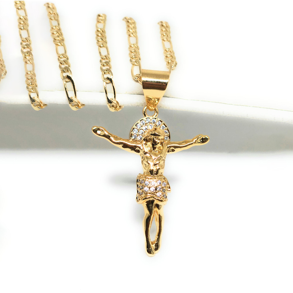 Ice Crystal CZ Jesus Figaro Chain Gold Plated Cross Necklcace