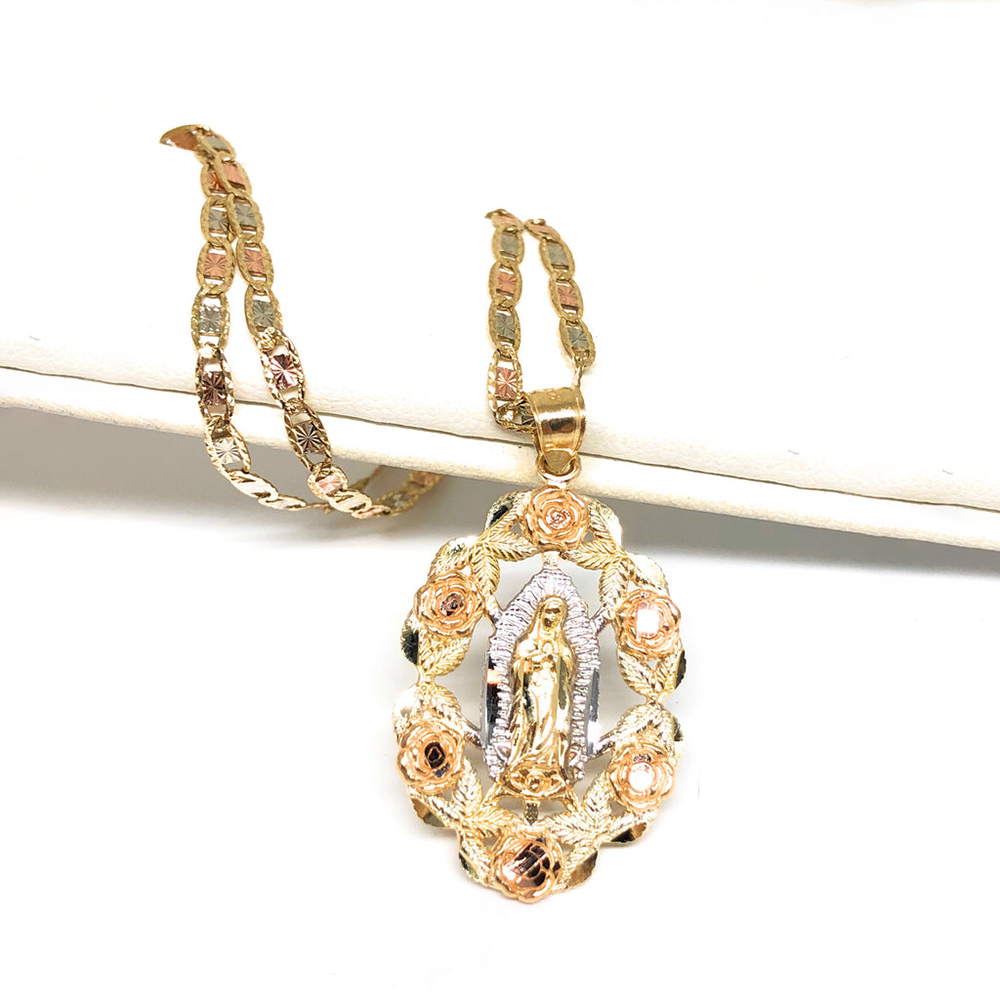 Gold Tricolor Virrgin Mary Madonna Flower Pendant Necklace