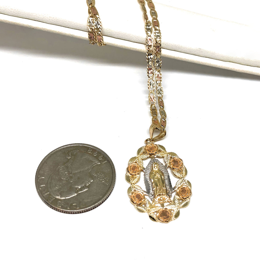 Gold Tricolor Virrgin Mary Madonna Flower Pendant Necklace