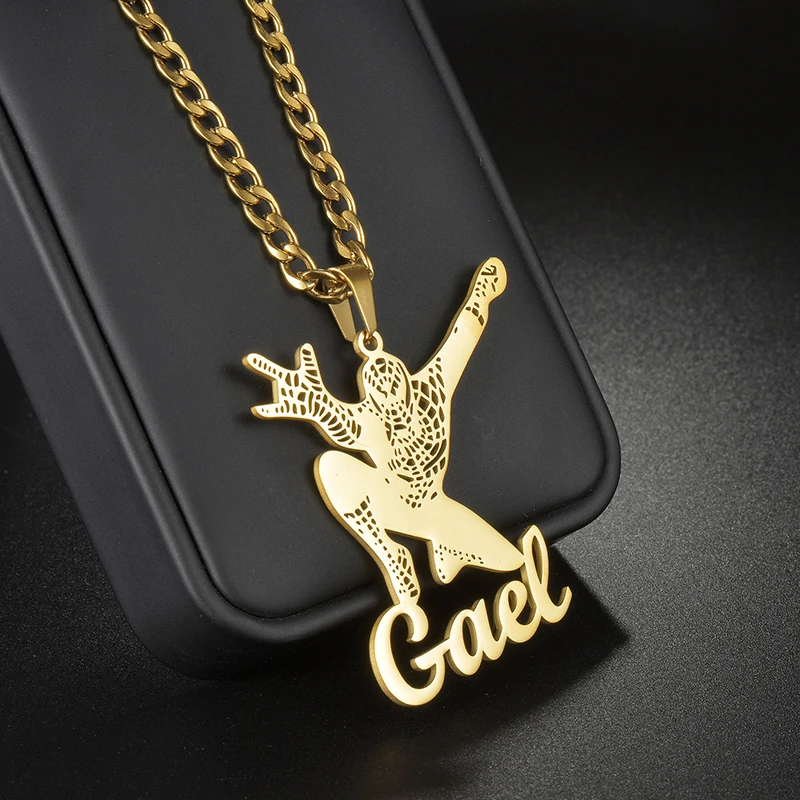 Cuban Chain Gold Plated Spider Man Pendant Personalized Name Necklace