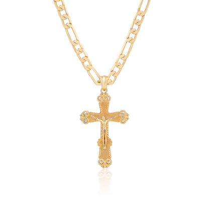 Crucifix Cross Jesus Pendant Necklace Gold Plated Figaro Chain