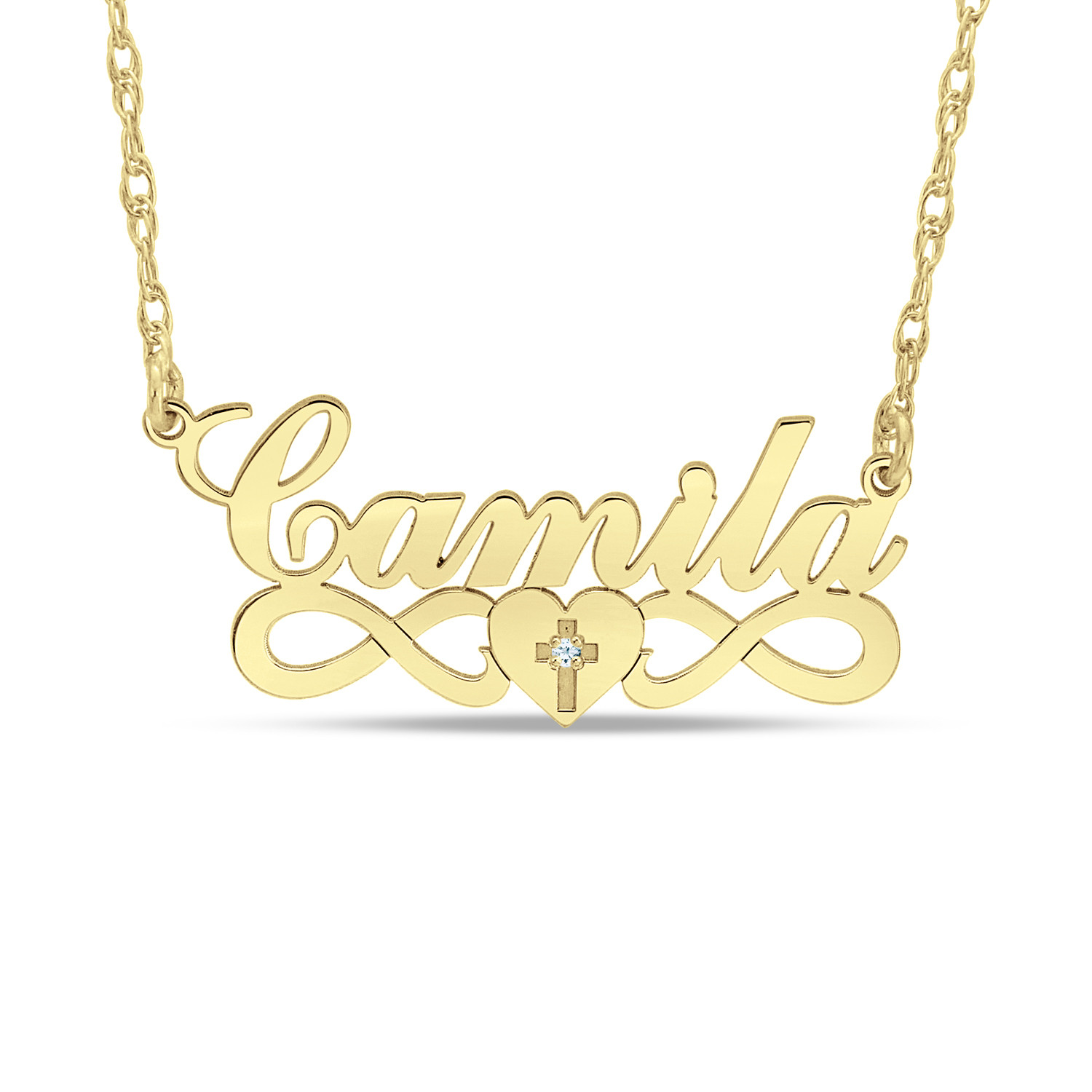 Persoalized Diamond Cross Cursive Name with Heart and Infinity Necklace