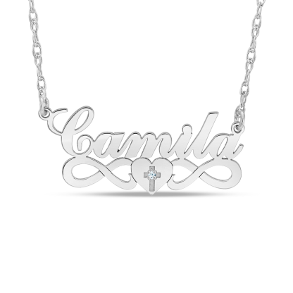 Persoalized Diamond Cross Cursive Name with Heart and Infinity Necklace