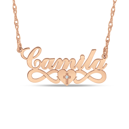 Persoalized Diamond Cross Cursive Name with Heart and Infinity Necklace