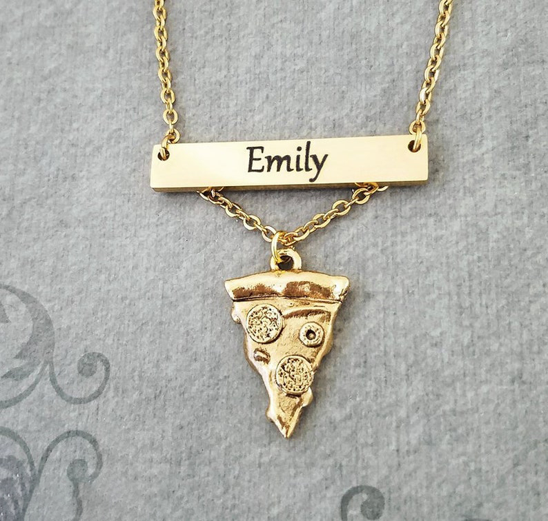 Pizza Pendant Necklace Persoalized Gold Plated Name Bar Necklace