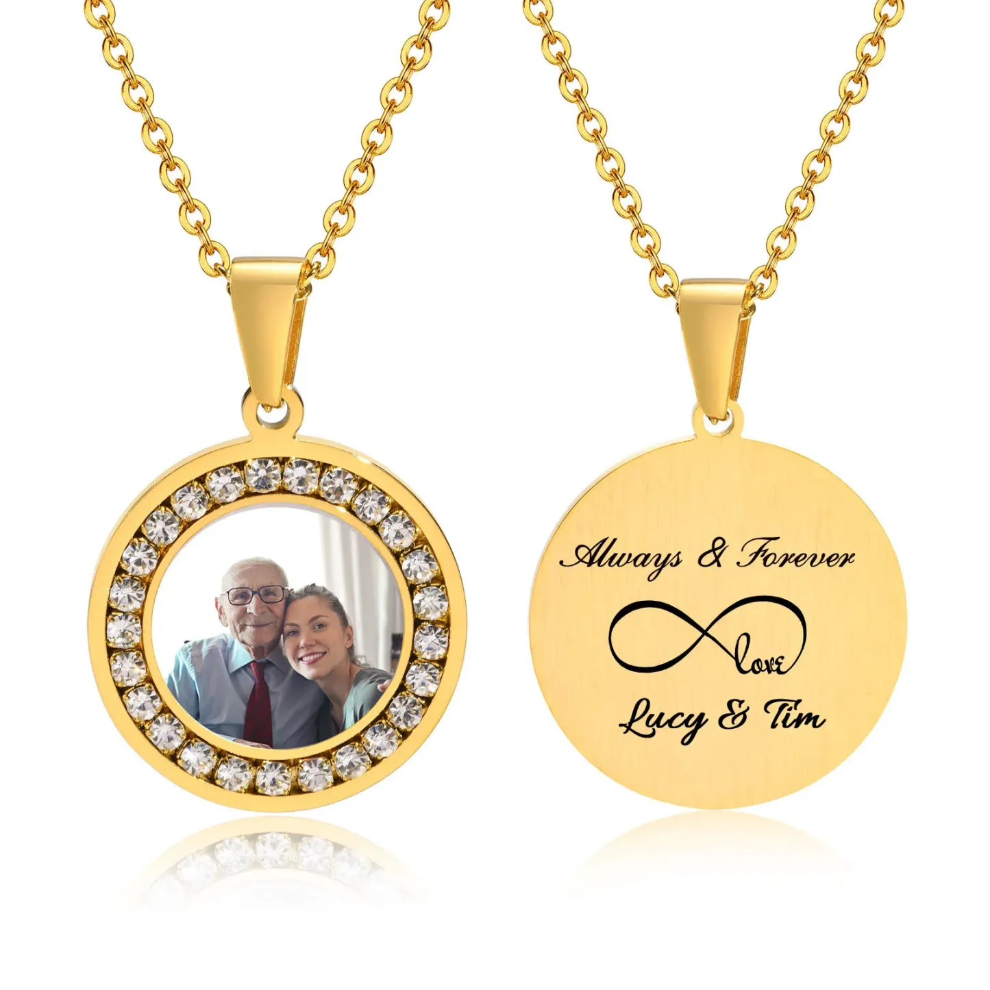 Round Cubic Zirconia Necklace Custom Photo Necklace And Back Engraving