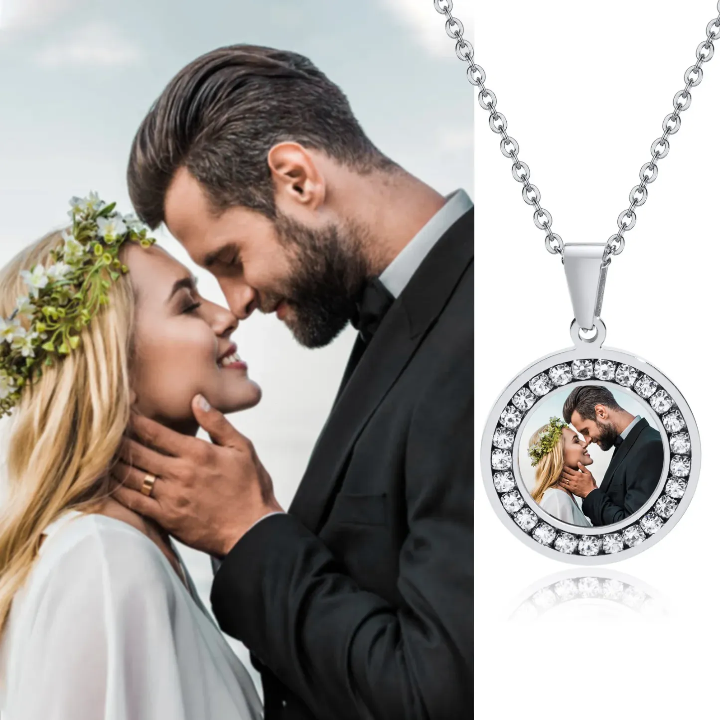 Round Cubic Zirconia Necklace Personalized Photo Necklace And Back Engraving