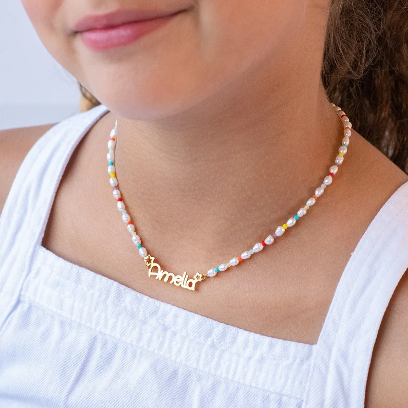 Colorful Pearl Beads Chain Necklace Personalized Name Necklace For Kid