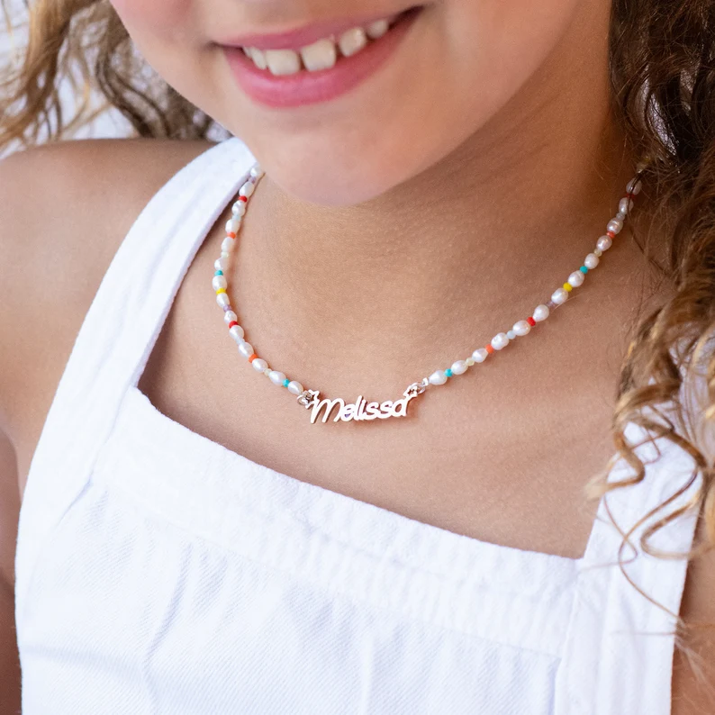 Colorful Pearl Beads Chain Necklace Personalized Name Necklace For Kids 