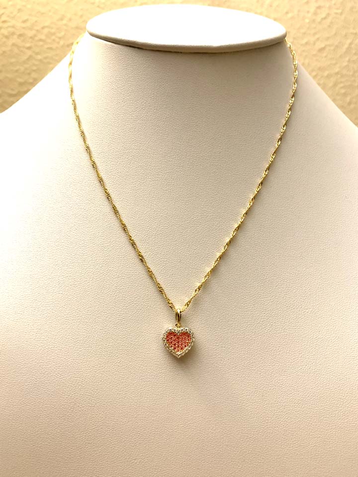 Pink Zircon Heart Necklace Rope Chain Gold Plated Necklace