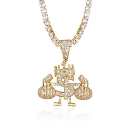 Iced Diamond Money Bag Crown Charm Pendant Gold Plated Necklace