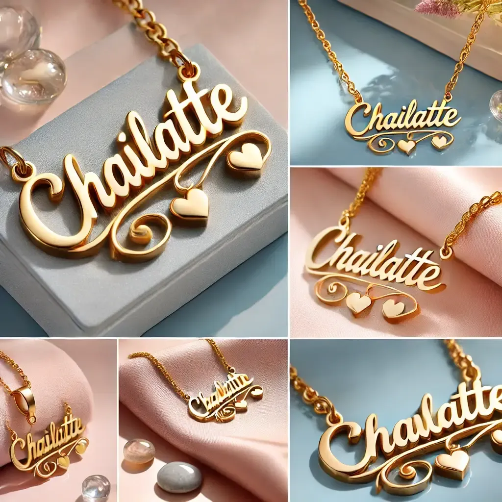 Custom Gold Plated Name Necklace With Two Hearts