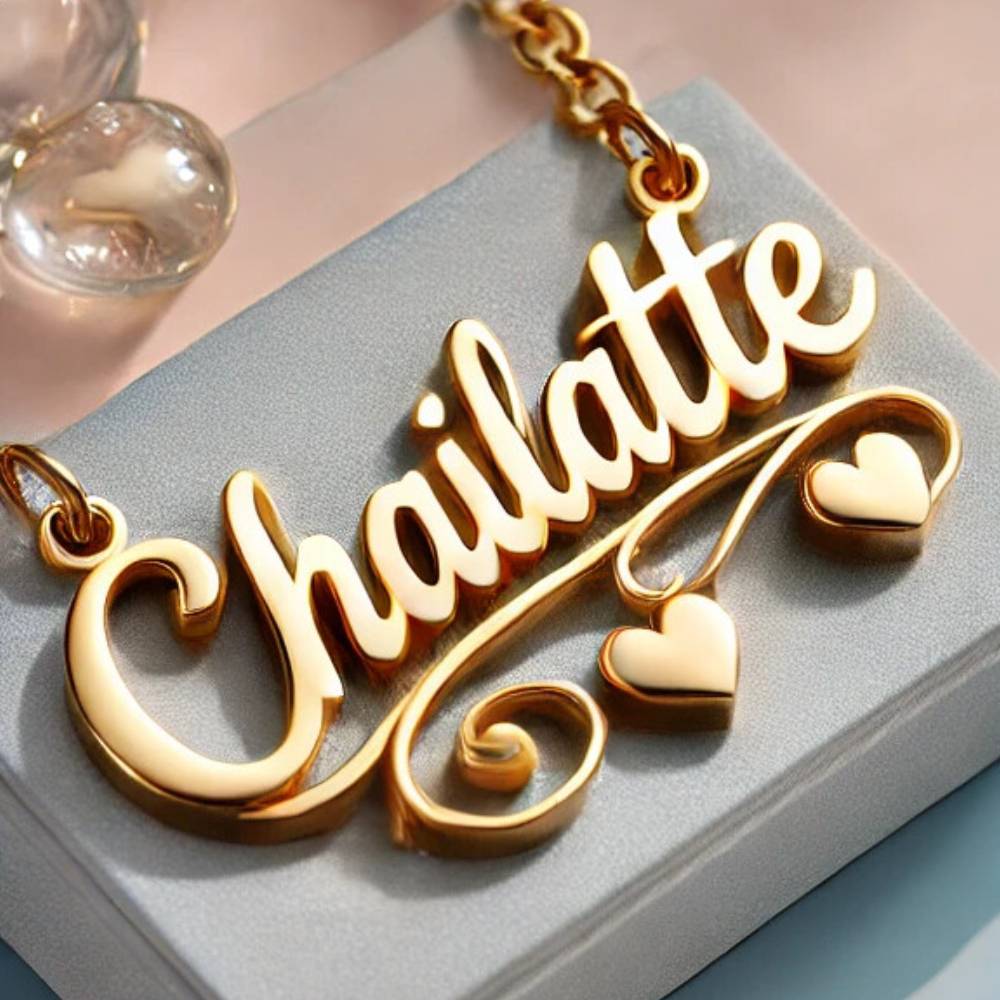 Custom Gold Plated Name Necklace With Two Hearts
