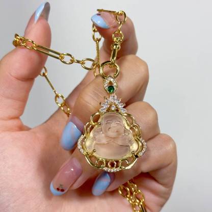 Vintage Chain Buddha Pendant Necklace Pink White