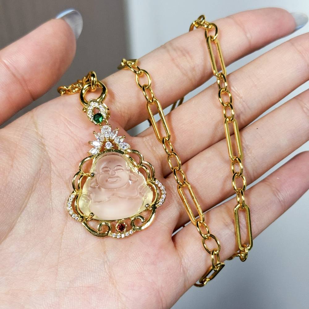 Vintage Chain Buddha Pendant Necklace Pink White