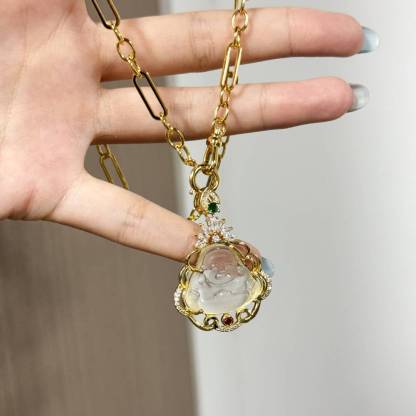 Vintage Chain Buddha Pendant Necklace Pink White