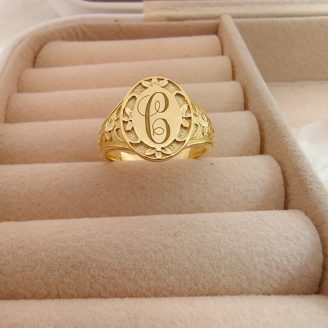 Unique Monogrammed Clover Ring Personalized Initial Engarved Ring