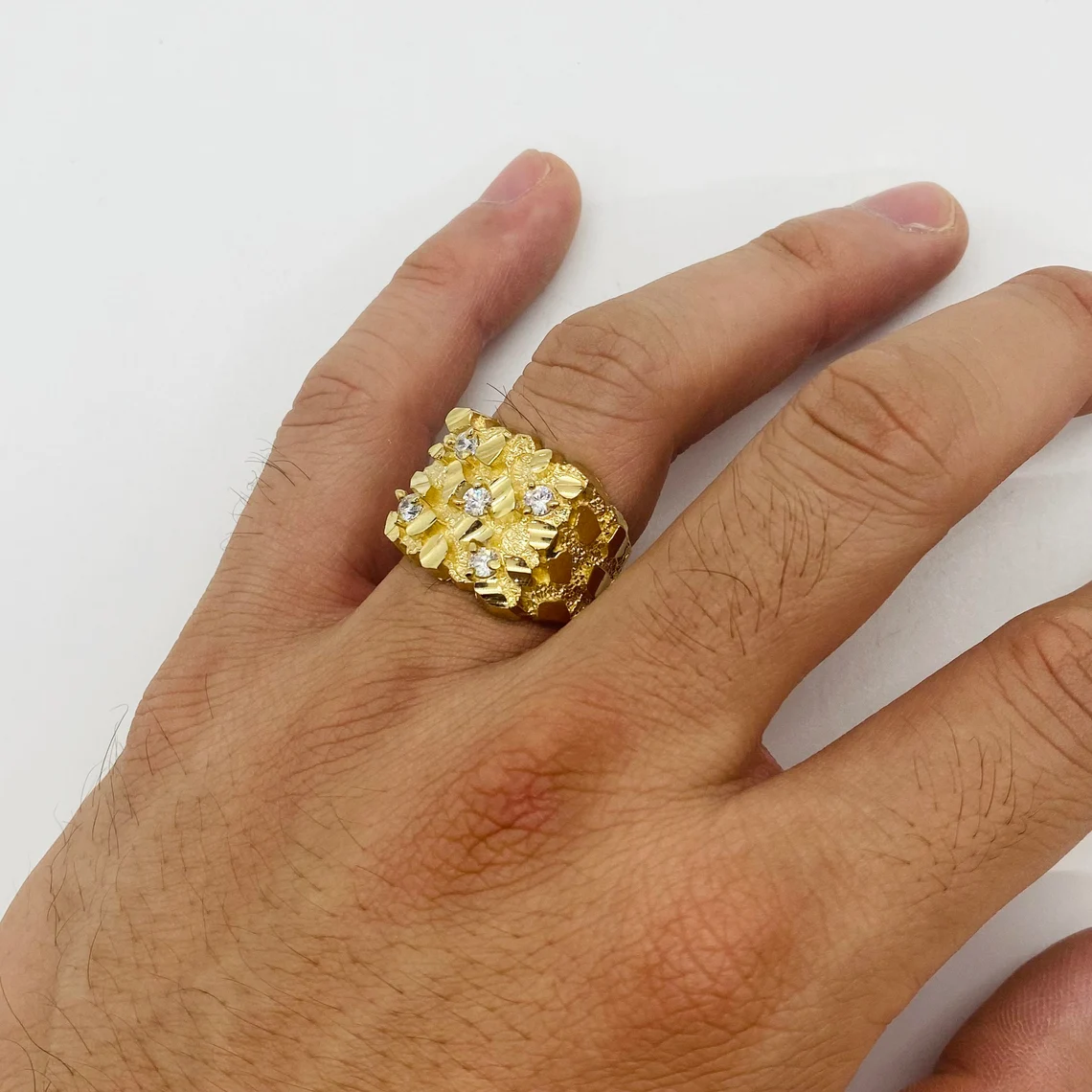 Gold Nugget Square Zirconia Ring Personalized Engraved Ring
