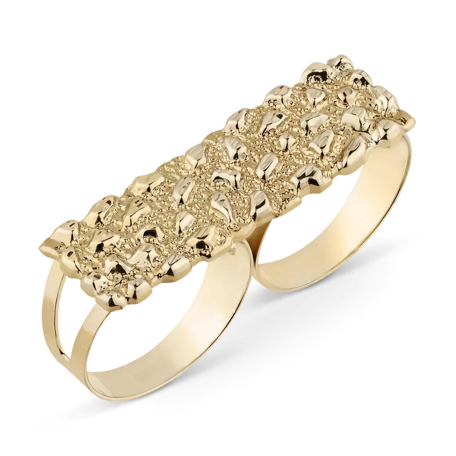 Gold Plated Nugget Two Fingers Ring Personalized Engraved Ring