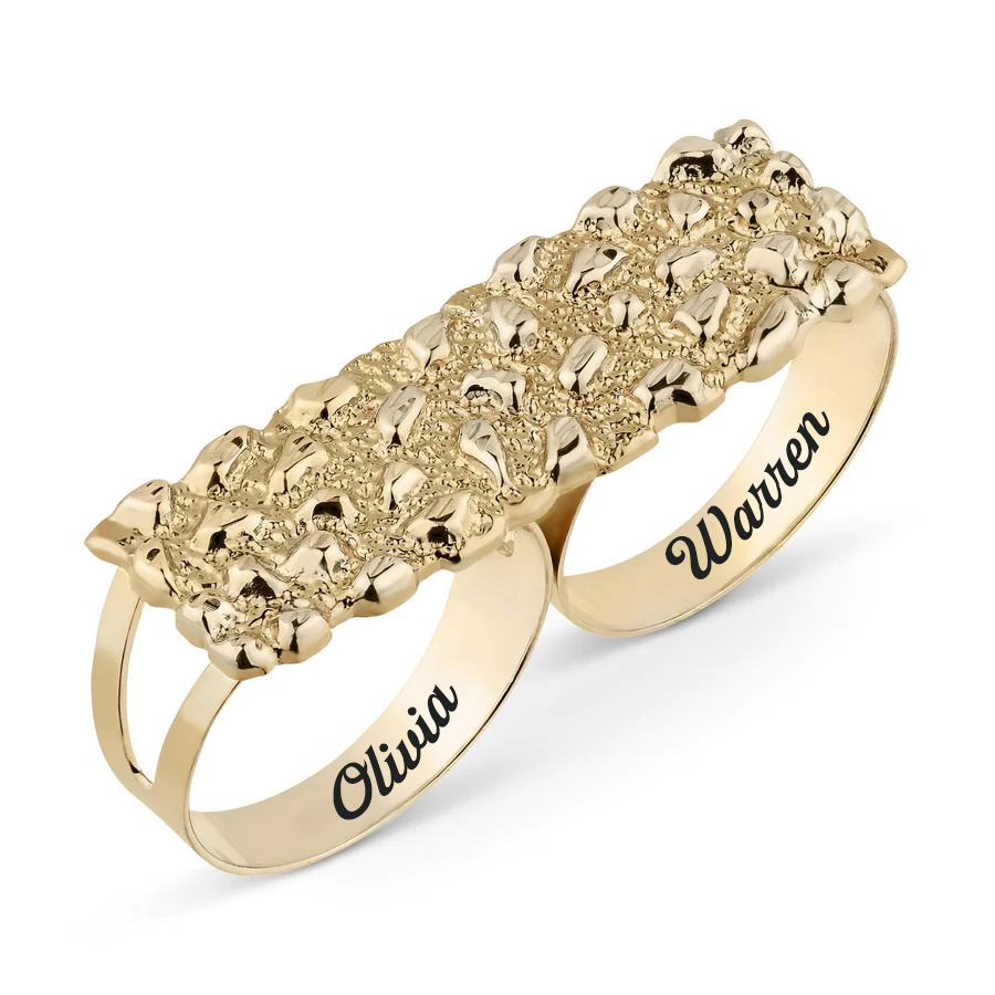Gold Plated Nugget Two Fingers Ring Personalized Engraved Ring