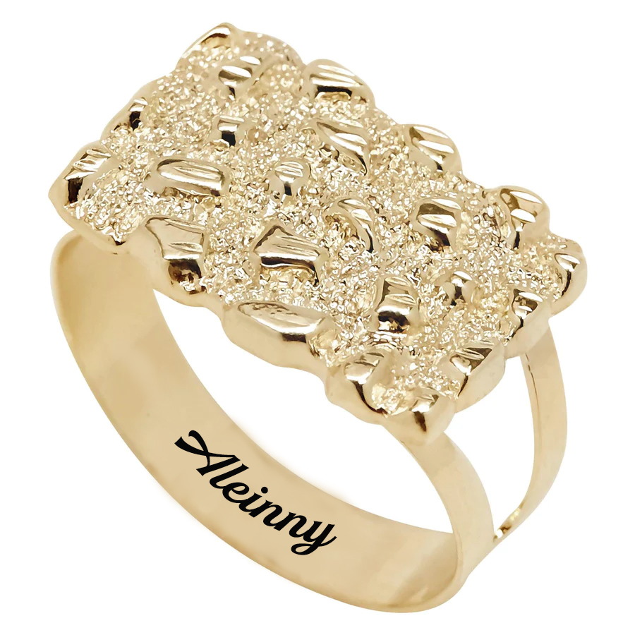 Gold Plated Nugget Rectangle Ring Personalized Engraved Ring