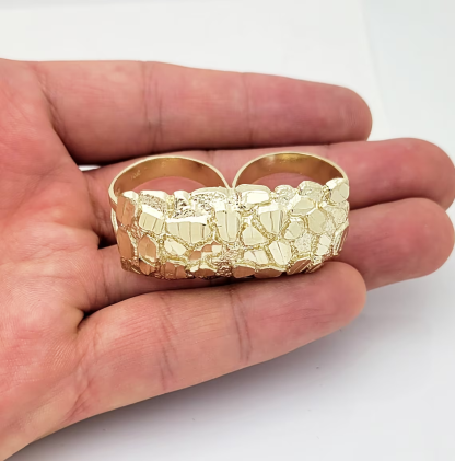 Gold Plated Nugget Two Finger Ring Personalized Engraved Ring