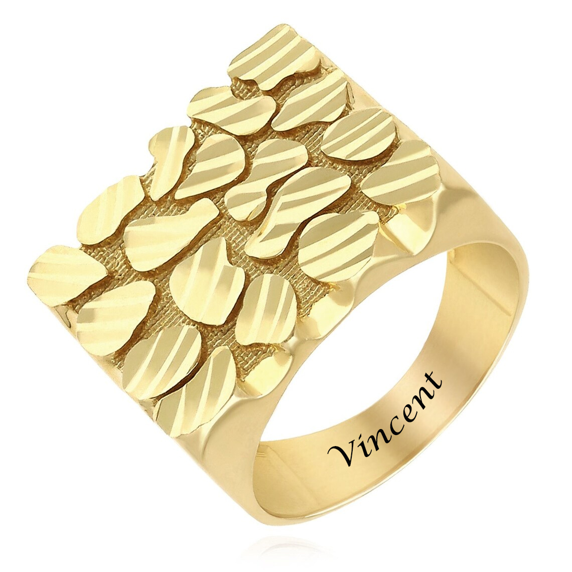 Diamond Cut Nugget Rectangular Ring Personalized Engraved Ring