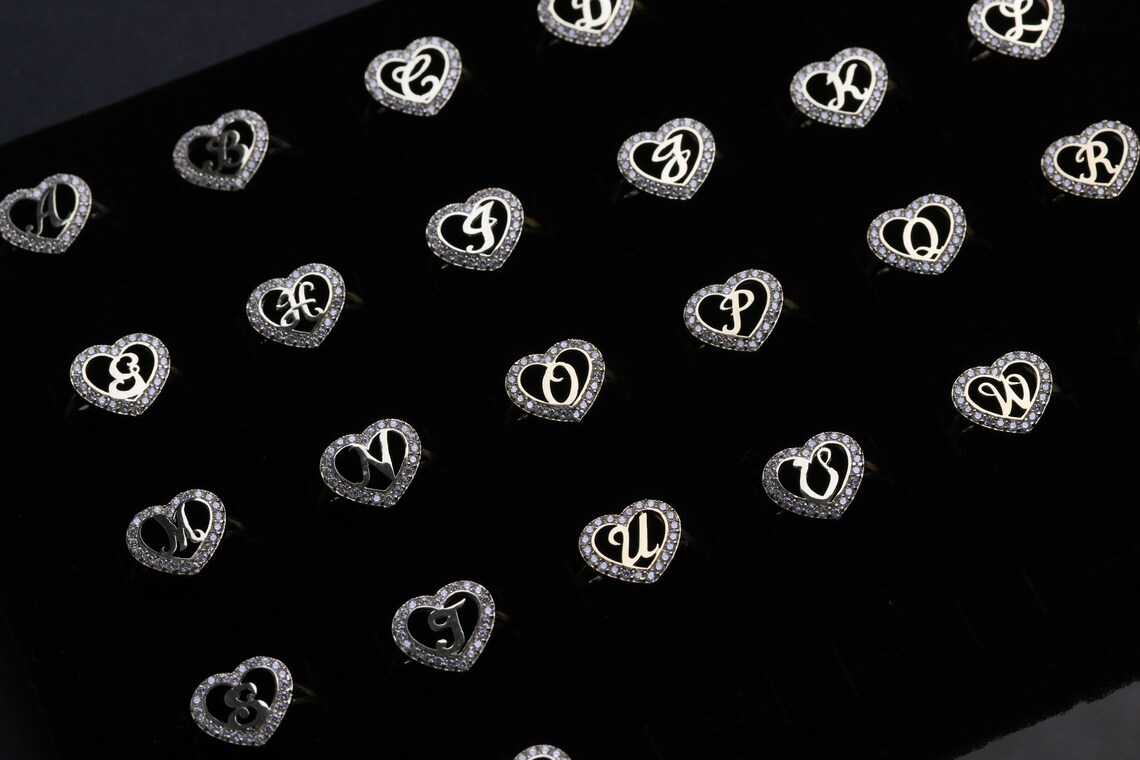 Heart Zricon Gold Plated Letter Ring Personalized Custom Initial Ring