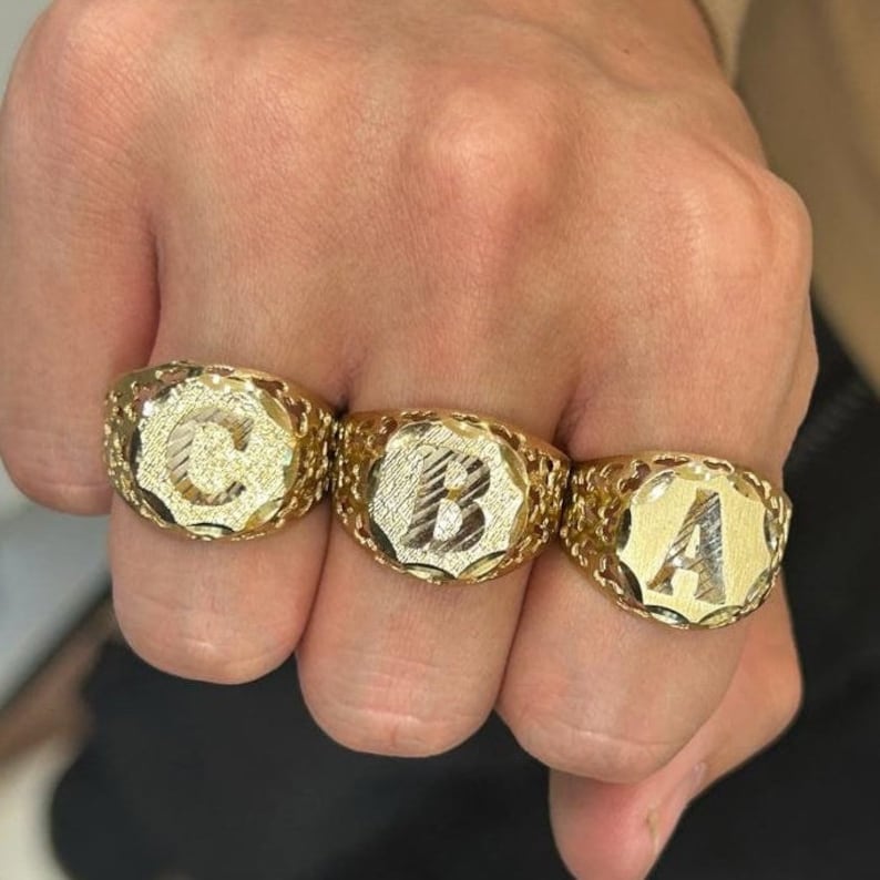 Nugget Ring Gold Men's Circle Initial Ring Personalized Letter Ring