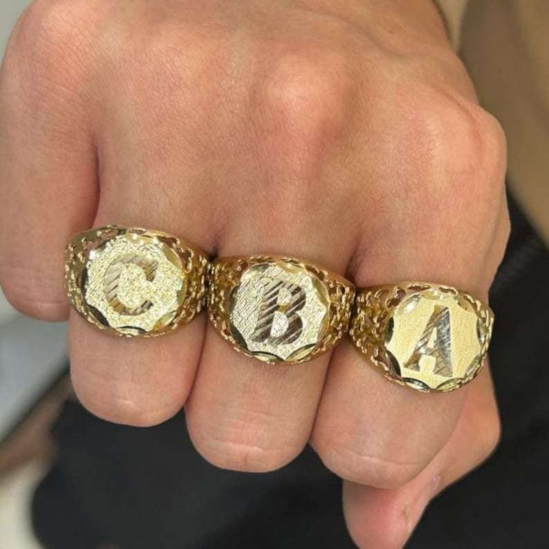 Nugget Ring Gold Men's Circle Initial Ring Personalized Letter Ring