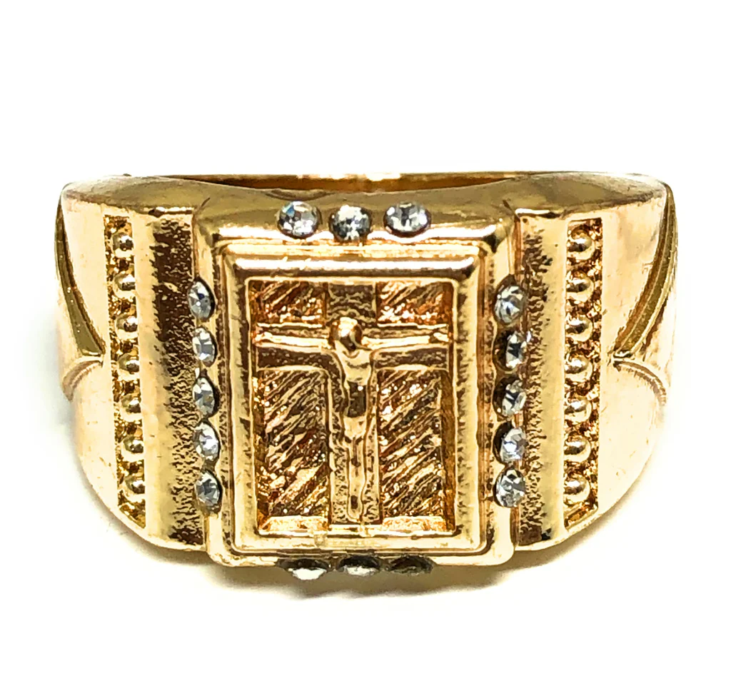 Gold Plated Classic Yellow Jesus Cross Crucifix Cz Ring Custom Engrave