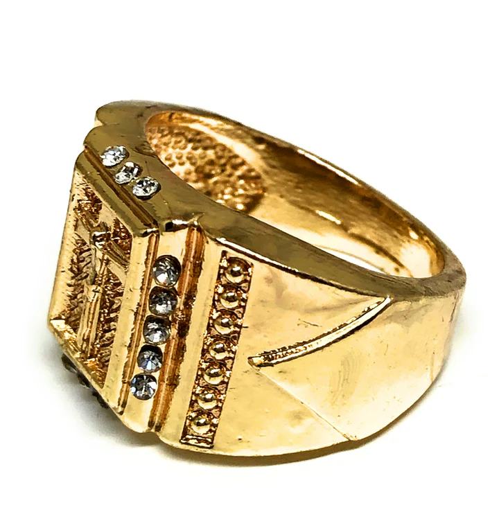 Gold Plated Classic Yellow Jesus Cross Crucifix Cz Ring Custom Engraved Ring