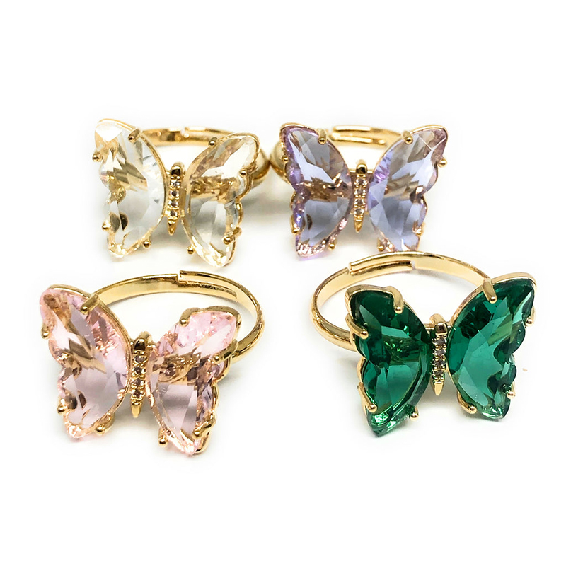 Gold Plated Adjustable Butterfly Crystal Ring Colorful Ring
