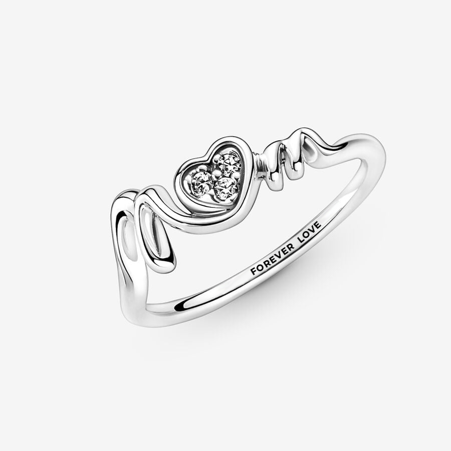Silver Diamond Cut Mom Heart Ring Personalized Engraved Ring