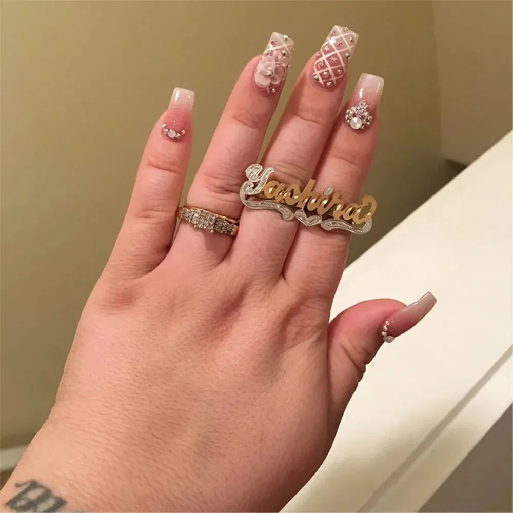 Two Fingers Women Ring Personalized Heart Name Ring