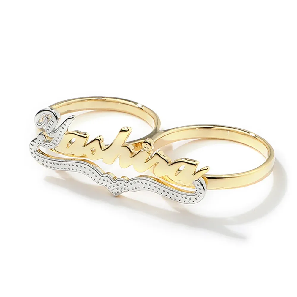Two Fingers Women Ring Personalized Heart Name Ring