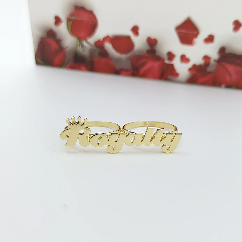 Two Finger Ring Crown Name Ring Personalized Gold Plated Double Name Ring