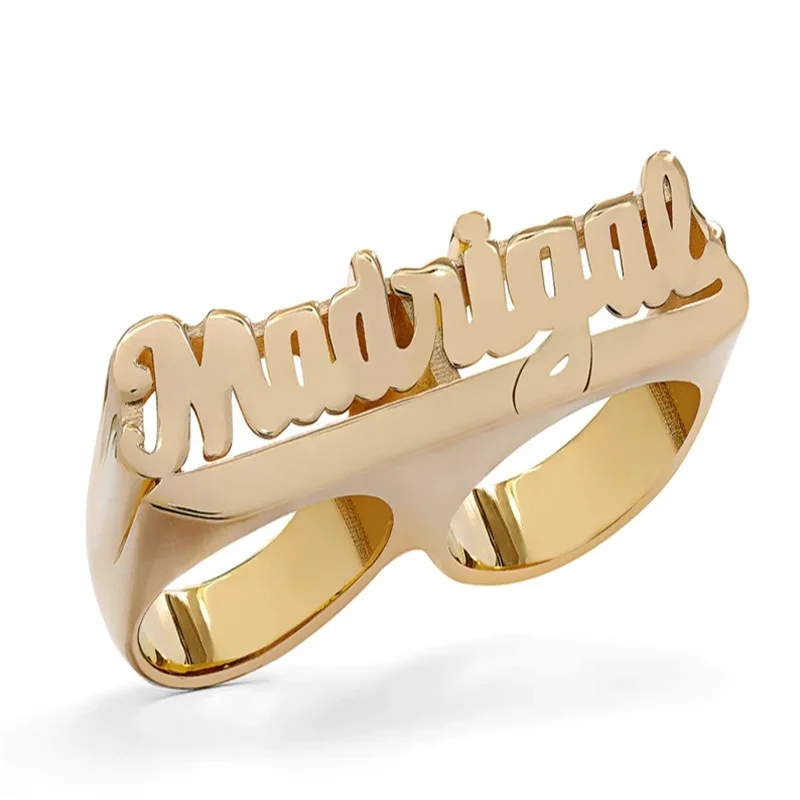 Two Finger Ring Personalized Gold Plated Double Name Ring