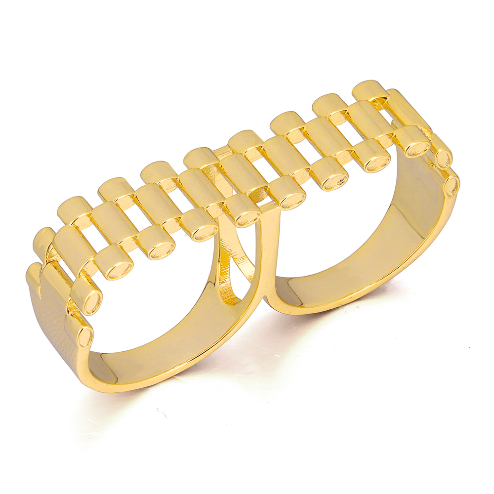 Rollie Style Watch Band Chain Two Finger Ring Gold Plated Ring