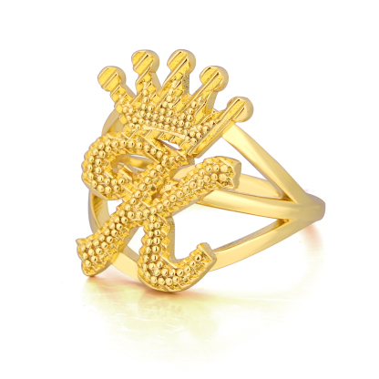 Gold Plated Letter Ring Custom Diamond Cut Initial Ring with Crown