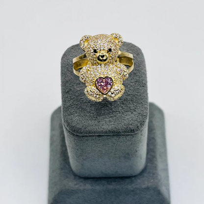 Gold Plated Teddy Bear Ring with Pink Heart Custom Engraved Ring
