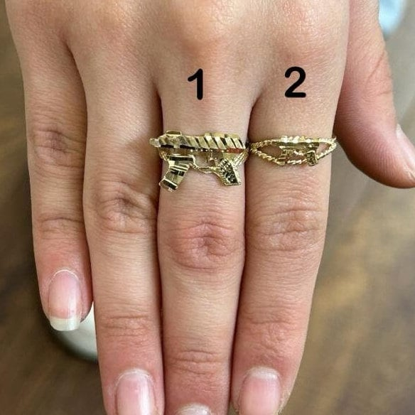 Gold Plated Diamond Cut UZI Gun Ring Personalized Engraved Ring 