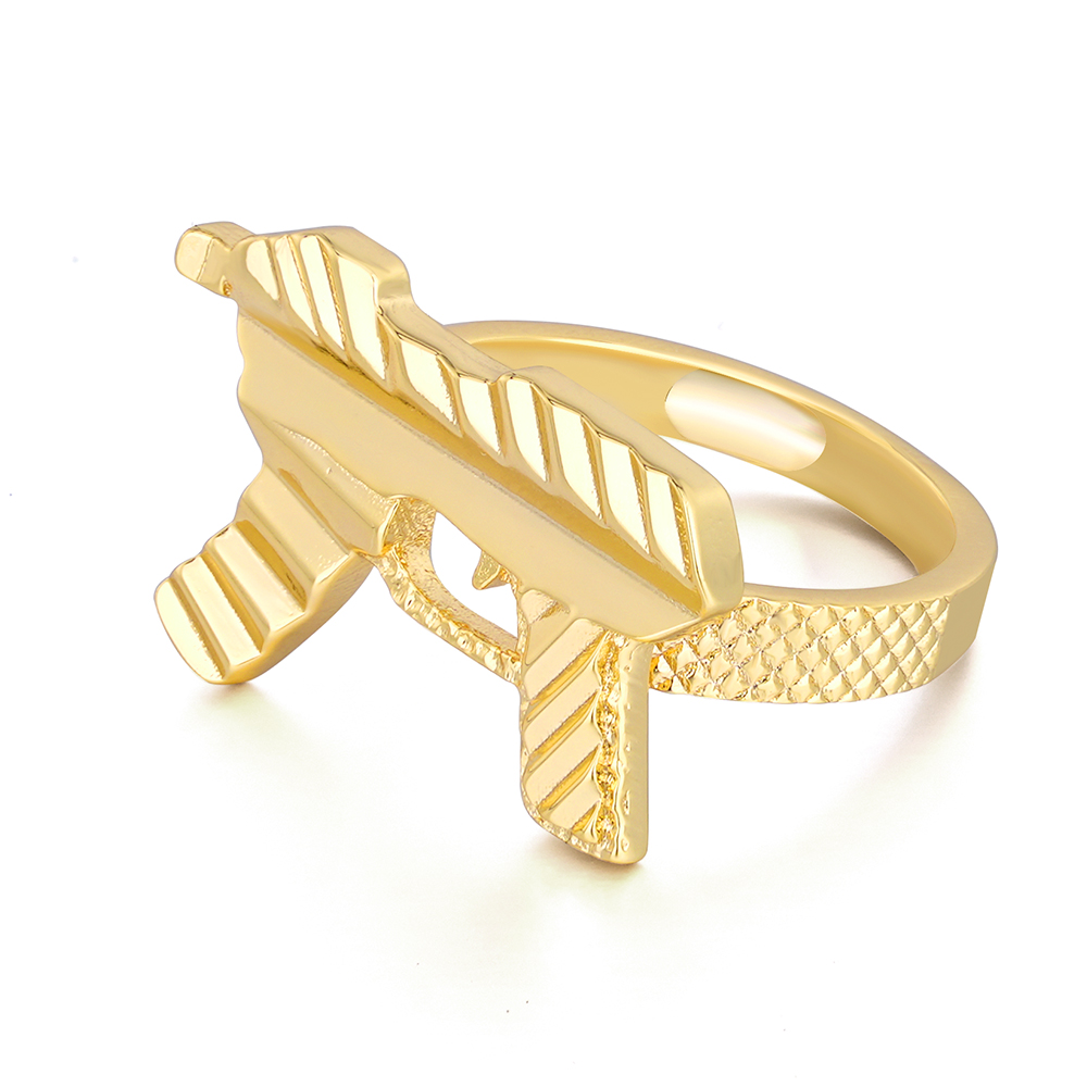 Gold Plated Diamond Cut UZI Gun Ring Personalized Engraved Ring 