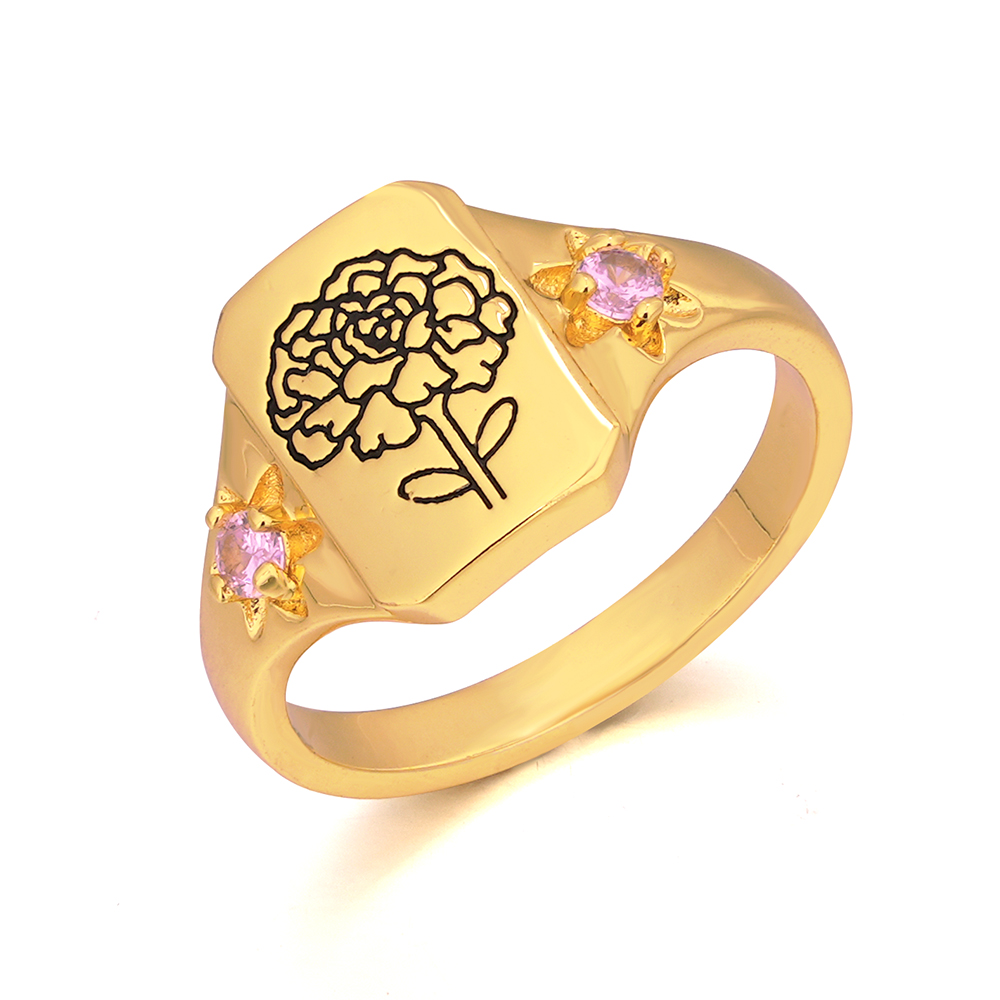 Personalized Engraved Family Birth Flower Ring with 2 Birthstones